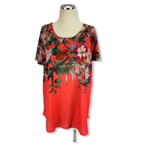 Tops - Hawaiian Floral Coral Large 12 14 Blouse Crochet